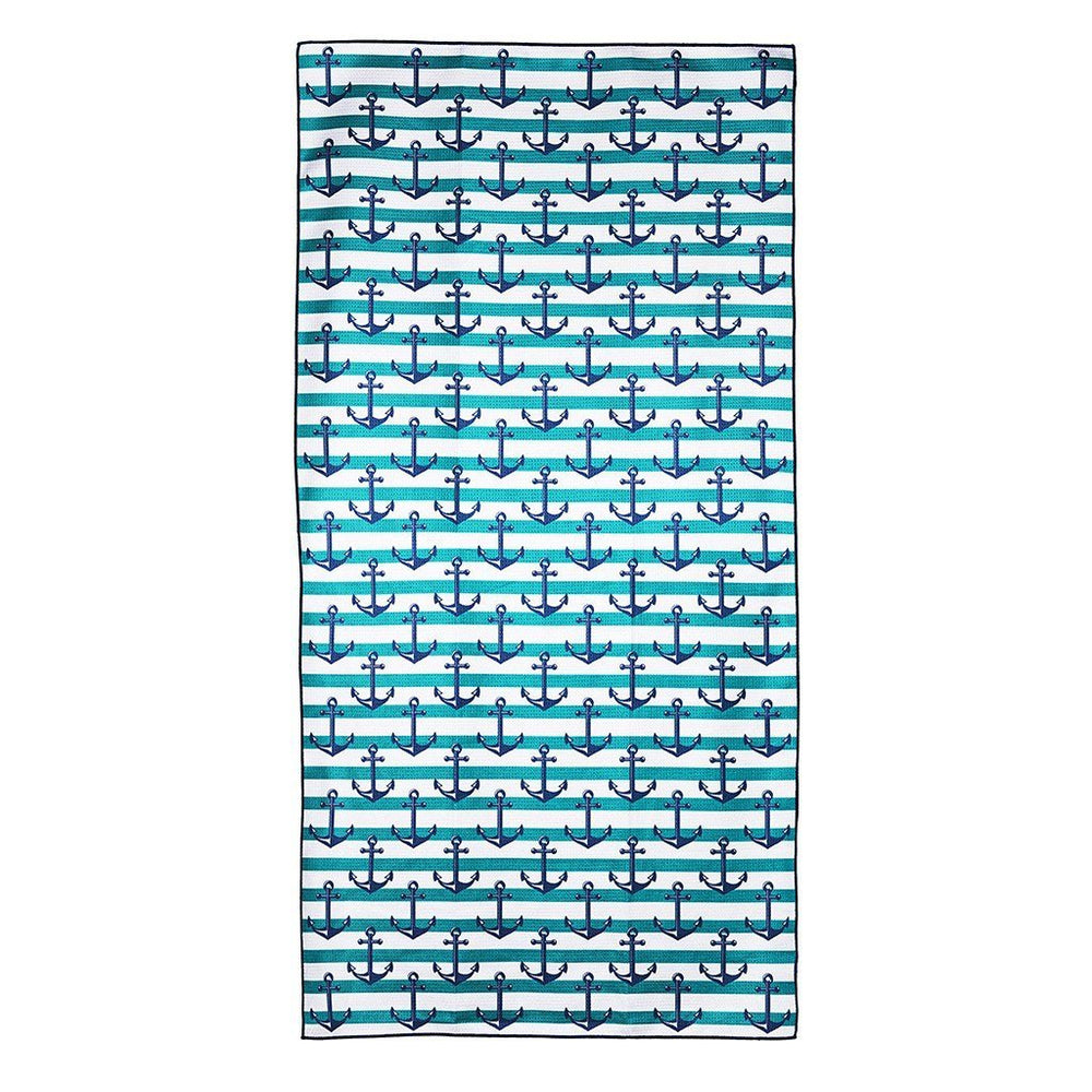 Marooned - beach towel with anchors and white and green stripes