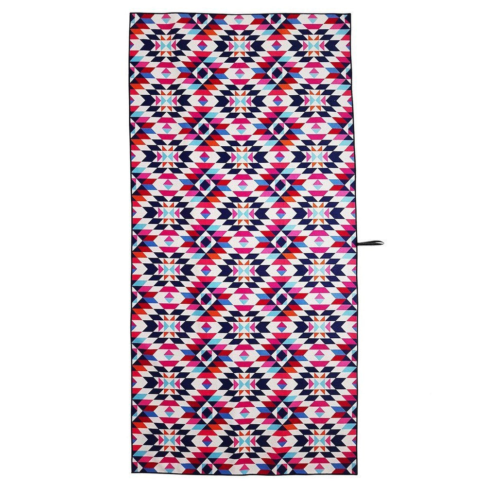 Since I Left You - beach towel with pink, purple, and blue geometric patterns